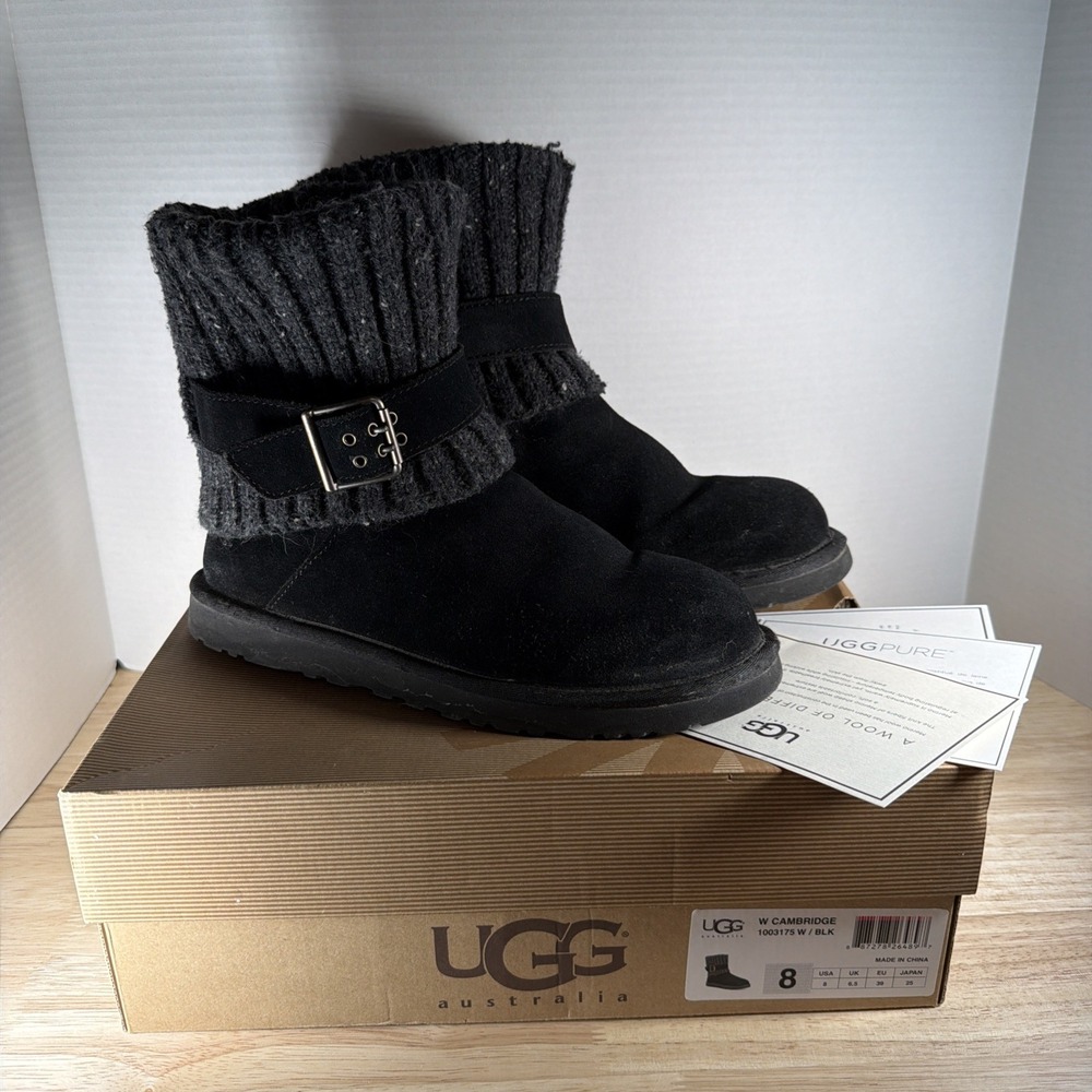 UGG Cambridge Winter Boots Womens Size 8 EUR 39 Black Leather Sheepskin Knit